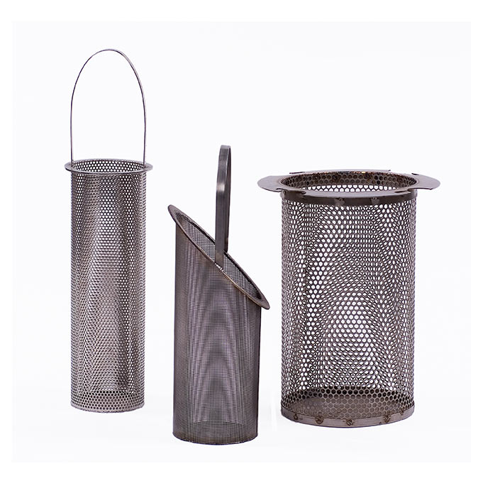 Perforated metal and wire mesh basket strainers